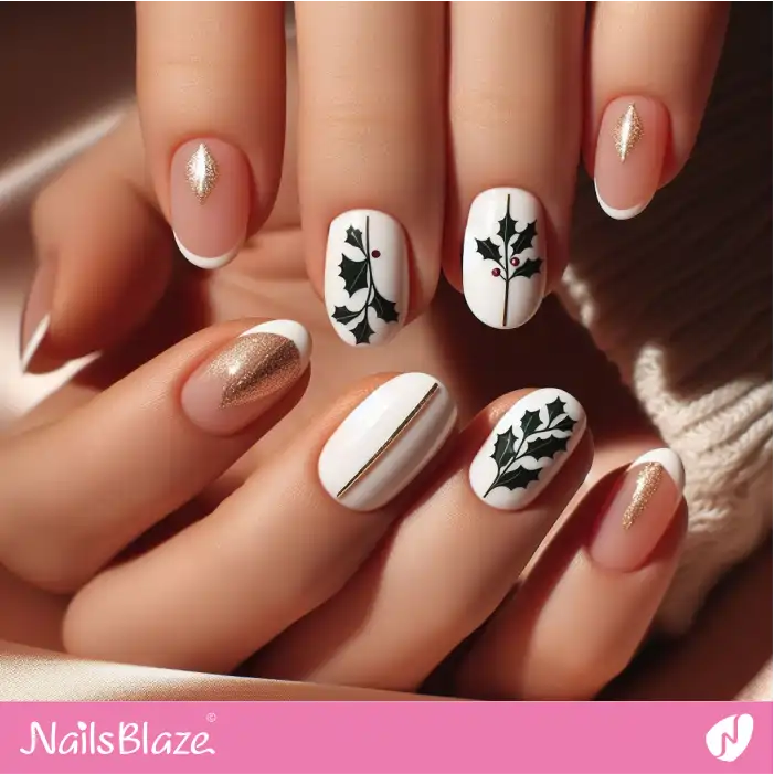 Minimal French with Holly Leaves | Nature-inspired Nails - NB1645